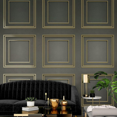Belgravia Gunmetal Gold Textured Wood Panelling Effect Vinyl Wallpaper 7386 from B&Q