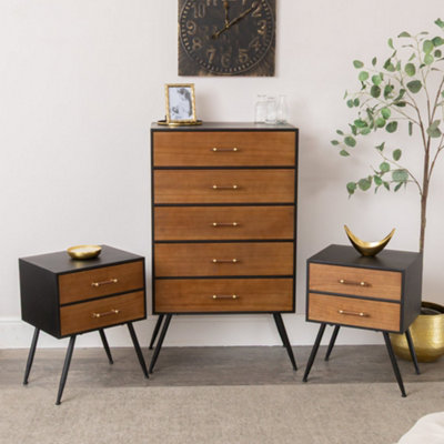 Melody Maison Mid-Century Modern Wooden & Black 5 Drawer Tallboy & Pair Of 2 Drawer Bedside TablesIndustrial Range from B&Q