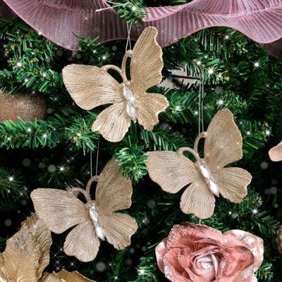 Melody Maison Set Of 3 Champagne Gold Glitter Jewelled Butterfly Christmas Decorations10Cm from B&Q