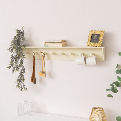 Melody Maison Large Ivory Wooden Wall Shelf With Hooks100Cm from B&Q