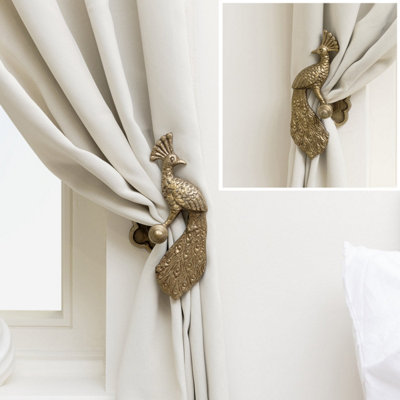 Melody Maison Set Of 2 Antique Brass Gold Metal Peacock Curtain Tie Backs from B&Q