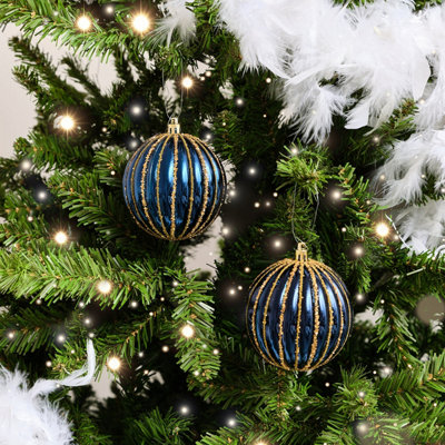Melody Maison Set Of 2 Blue Glitter Striped Reeded Hanging Baubles8Cm from B&Q