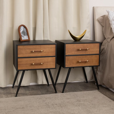 Melody Maison Pair Of Mid-Century Modern Wood & Black 2 Drawer Bedside TablesIndustrial Range from B&Q