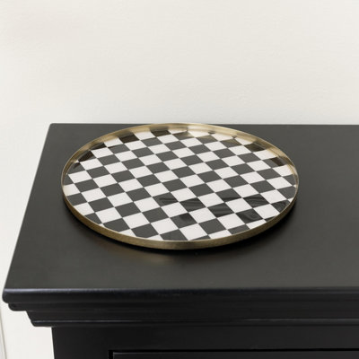 B&Q -  Black Monochrome Checked Round Tray