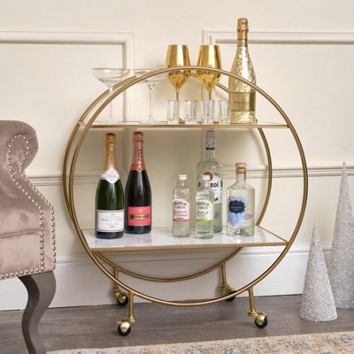 Melody Maison Gold & Marble Round Bar Cart Drinks Trolley from B&Q