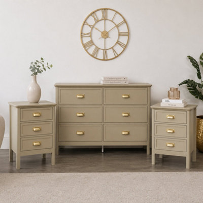 B&Q -  Large 6 Drawer Chest Of Drawers And Pair Of Bedside TablesLawrence Taupe Range