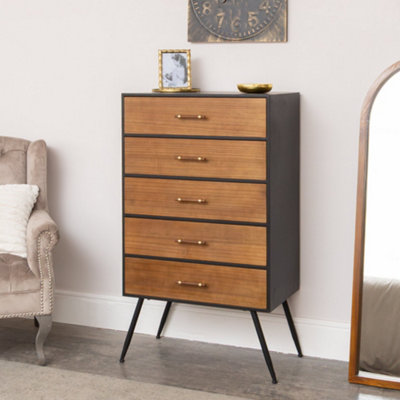 Melody Maison Mid-Century Modern Wooden & Black 5 Drawer TallboyIndustrial Range from B&Q