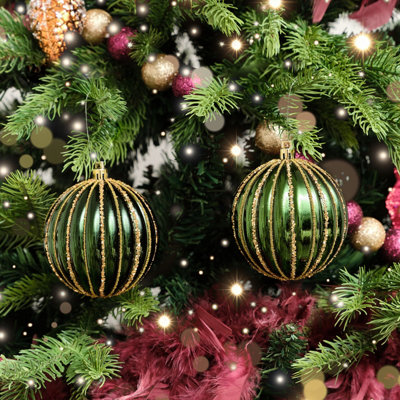 Melody Maison Set Of 2 Green Glitter Striped Reeded Hanging Baubles8Cm from B&Q