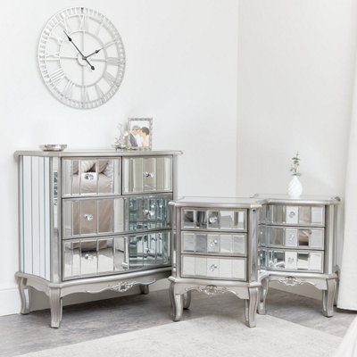 Melody Maison Silver Mirrored Chest Of Drawers & Pair Of 3 Drawer Bedside TablesTiffany Range from B&Q