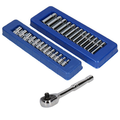 AB Tools 1/4In Drive Metric Shallow And Deep 6 Sided Sockets 4 To 14mm And Ratchet from B&Q