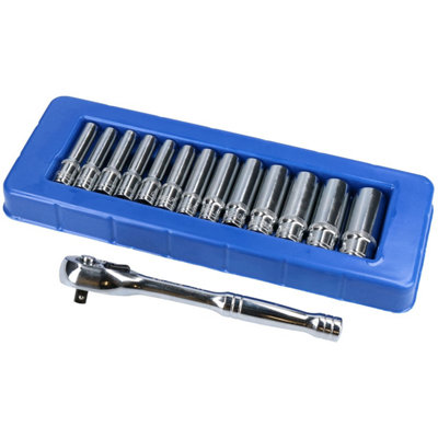 AB Tools 1/4In Drive Metric mm Deep Single Hex Sockets 4mm To 14mm And Ratchet from B&Q