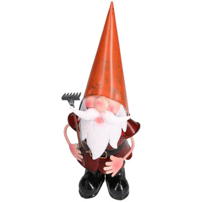 AB Tools Gnome With Rake Garden Sculpture Ornament Statue Metal Decoration Home Lawn