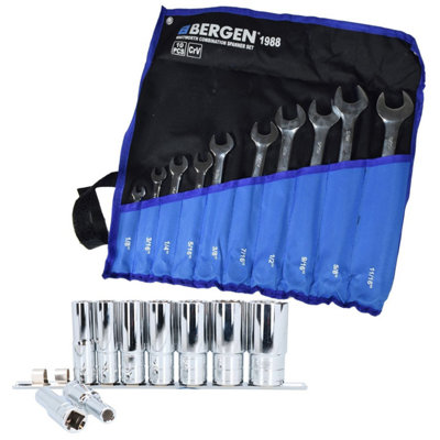 Ab Tools Bsw British Whitworth Combination Spanner Wrench + Deep Sockets 19Pc Set