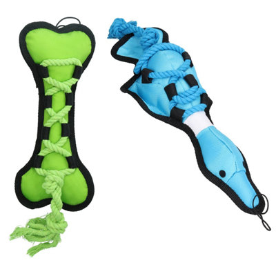 AB Tools Blue Cross Tug Rope Duck & Green Cross Tug Bone Dog Play Toy With Squeak from B&Q
