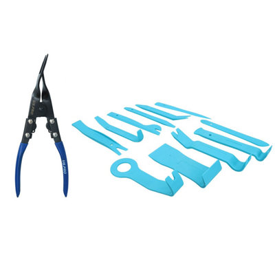 B&Q -  11Pc Plastic Car Trim Panel Upholster Removers + Clips Fasteners Remover Pliers