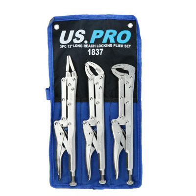 B&Q -  3Pc Extra Long Nose 12" Adjustable Locking Pliers Mole Grips Straight 45 90