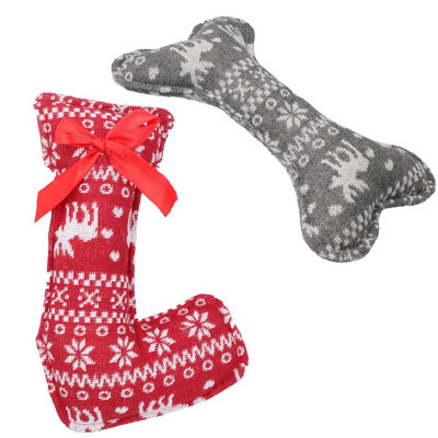 B&Q -  Dog Christmas Gift Plush Play Squeaky Patterned Stocking & Bone Toy Bundle