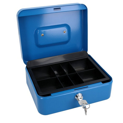 AB Tools 8" Petty Cash Box Money Coin Tin Deposit Security Safe Organiser 2 Keys Blue from B&Q