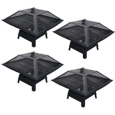 AB Tools Four Outdoor Metal Garden Fire Pit Basket With Bbq Barbecue Grill+Safety Mesh