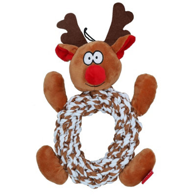 B&Q -  Dog Christmas Gift Knottie Ring Reindeer Squeaky Plush Rope Play Toy Present
