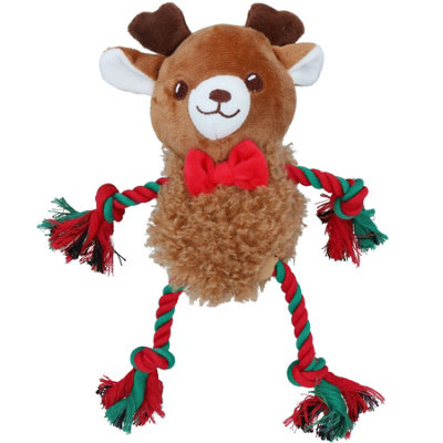 B&Q -  Small Dog Christmas Gift Fluffy Ropee Reindeer Squeaky Plush Rope Play Toy