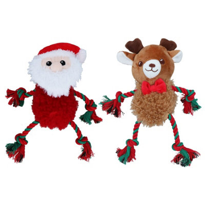 B&Q -  Dog Christmas Gift Fluffy Ropee Reindeer & Santa Squeaky Plush Ropetoy Bundle