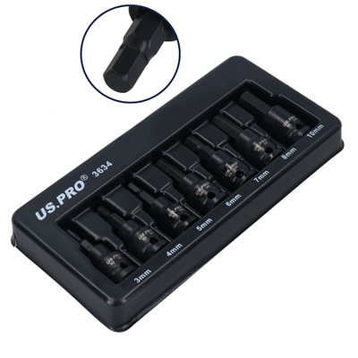 Ab Tools Metric Hex Allen Key Sockets 3/8" Drive Impacted Short Stubby 3Mm - 10Mm 7Pc