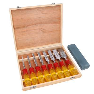 B&Q -  8Pc Wood Chisel Set Carpenters Woodworking 1/4In 1-1/2In Sharpening Stone