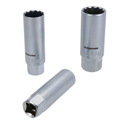 AB Tools Metric Thin Walled Spark Plug Sockets 14mm 16mm + 18mm 12 Point Bi-Hex 3Pc from B&Q