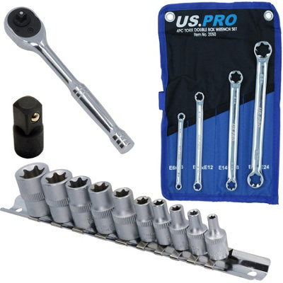 AB Tools Female Torx E Sockets E4-E18 + Spanners E6-E24 1/4" Drive Ratchet + Step Up from B&Q
