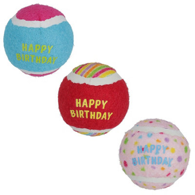 AB Tools 3Pk Medium Happy Birthday Tennis Balls Dog Puppy Gift Chuck Fetch Play 6.5Cm from B&Q