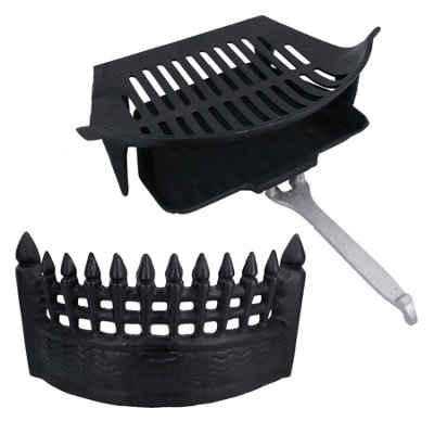 B&Q -  16" Fire Grate FrontGrateAshpan & Handle Fireplace Cast Iron Log Coal Saver