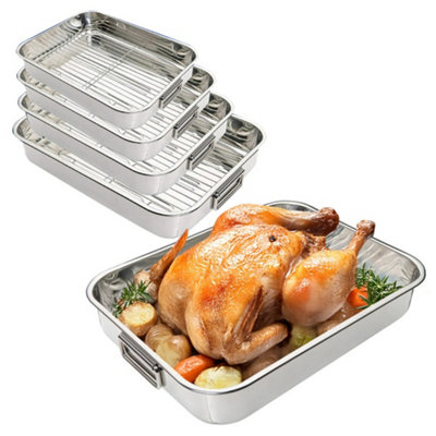  - 4Pc Stainless Steel Roasting Oven Pan Dish Baking Roaster Tin Grill Rack + Tray Kitchen Cookware Removable Racks