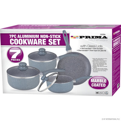 New 7Pc Marble Coated Aluminium Non Stick Cookware Set Frying Pan Saucepan Grey from B&Q