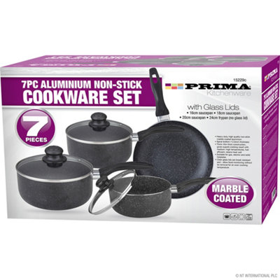 7Pc Black Marble Coated Aluminium Non Stick Cookware Set Frying Pan Saucepan Cooking Pans Pots Kitchen Accessories Kitchenware from B&Q