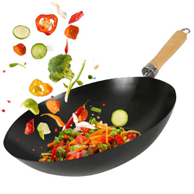 30Cm Non Stick Wok Fry Asian Frying Pan Two Wooden Handle Kitchen Pot Grill Cook Classic Chinese Flat Base from B&Q