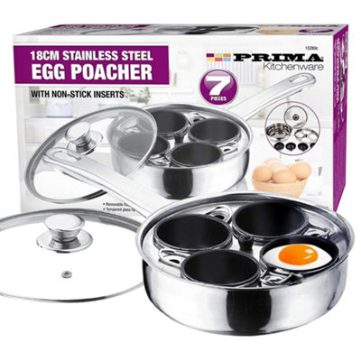 7Pc Stainless Steel Egg Poacher Pan 4 Hole Cup Poach Saucepan Frying Glass Lid Non Stick New See Through Transparent Vented Glass from B&Q