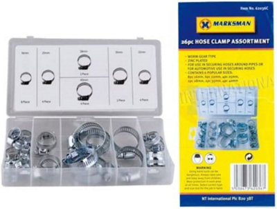 26Pc Hose Clamps Clips Jubilee 16mm 22mm 25mm 28mm 30mm 40mm Assortment In Case from B&Q