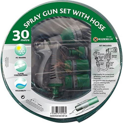 30M Garden Hose Nozzle Watering Reinforced Pipe Reel Attachments Spray Gun New from B&Q