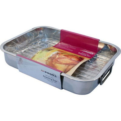  - Stainless Steel Roasting Trays 32 X 24Cm Oven Pan Baking Kitchen Roaster Tray Grill Rack Strong & Durable Dish Folding Handles