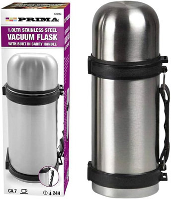 New 1.0 Litre Stainless Steel Vacuum Flask Insulated Hot And Cold Drinks Leak Proof Camping Carry Handle from B&Q
