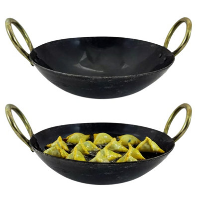 Iron Frying Pan Wok 10" Karahi Kadahi Heavy Duty Round Base Deep Handmade Balti Dish from B&Q