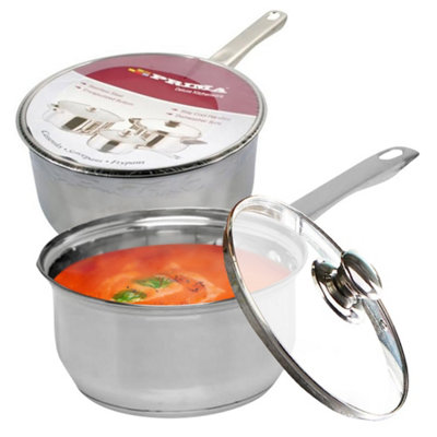 18Cm Saucepan Glass Lid Stainless Steel Cookware Pot Pan Frying Cooking Milk from B&Q