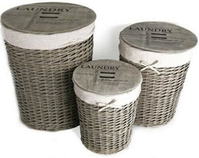 Set Of 3 Laundry Wicker Baskets With Lids Hamper Washing Bin Clothes Storage Bedroom Multi Usage Includes Lids & Liner from B&Q