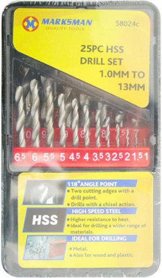 25Pc Hss Dril Set 1mm To 13mm Metal Wood Masonry Brick In Case Power Tools from B&Q