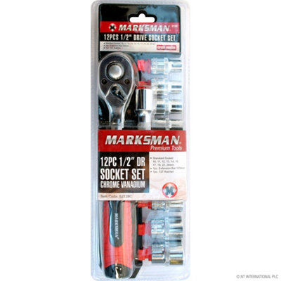 Marksman 12Pc Drive Socket Set 1/2 Inch Extension Chrome Vanadium Workshop Garage Bar from B&Q