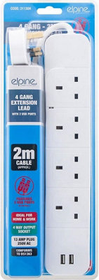 4 Way Gang Extension Lead 2 Usb Ports 2 Metre Cable 4 Socket Plug from B&Q