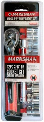 Marksman 12Pc Drive Socket Set Extension Chrome Vanadium Garage Workshop Bar 3/8 Inch from B&Q