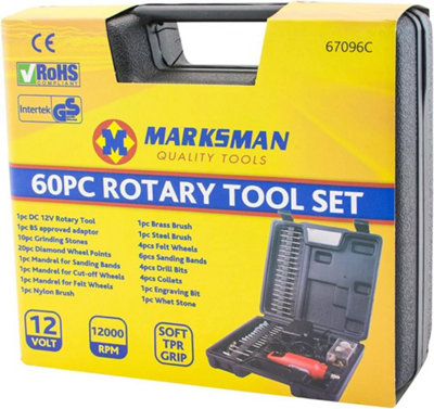 Marksman 60Pc Rotary Tool Kit In Case 12V Grinding Polishing Cutting Sanding Bit Set from B&Q