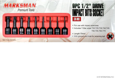 Marksman 9Pc 1/2 Inch Drive Impact Bits Socket Set Chrome Extension Vanadium Bar Garage Tools from B&Q
